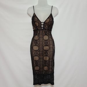 Black Lace Nude Overlay Cami Midi Dress Medium